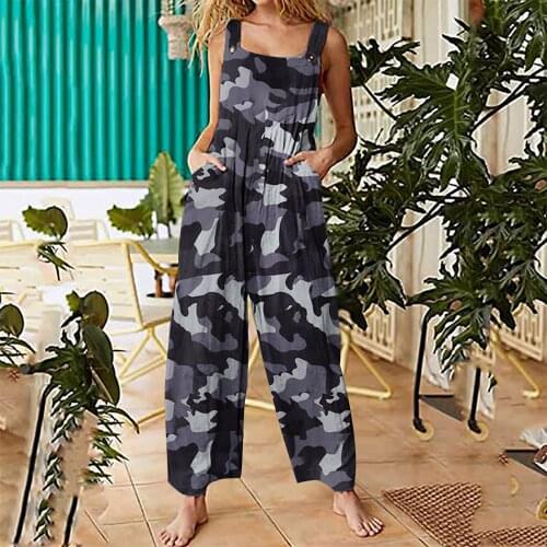 Women Wide Leg Overalls Camouflage Print Sleeveless Jumpsuit with Pockets Summer Autumn Adjustable Ladies Suspender Pants