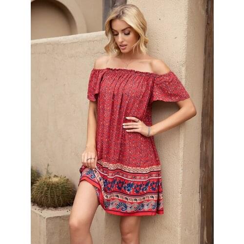 Sexy Slash Neck Off Shoulder Dress Women 2021 Elegant Casual Boho Clothing Short Sleeve Floral Print Sundress For Girls Bohemian