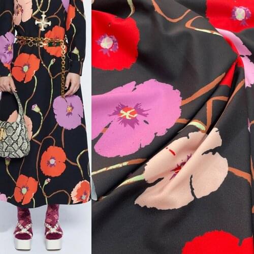 145cm Width Black Back Big Flower Printed Soft Cady Linen Fabric For Woman Summer Dress Blouse DIY Cloth Sewing