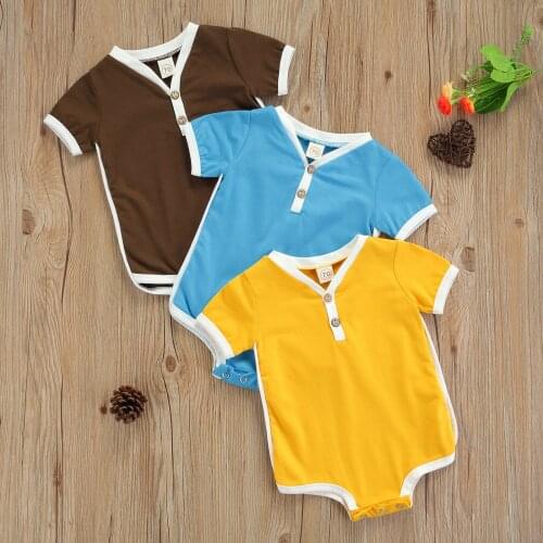 2021 Breathable Baby Girls Boys Romper Simple Style Infant Summer Creative Color Matching Short Sleeve Button Jumpsuit