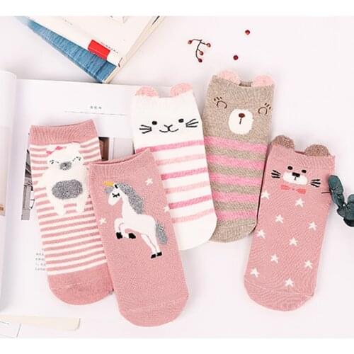 5Pairs/Lot Women Cotton Socks Cartoon Cute unicorn Bear Ankle Socks Short Socks Casual Animal Ear Gril Socks 35-41