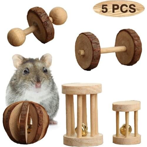 5pcs Hamster Chew Toys Natural Wooden Molar Chew Toys Pine Dumbbells Unicycle Bell Roller Toys Parts