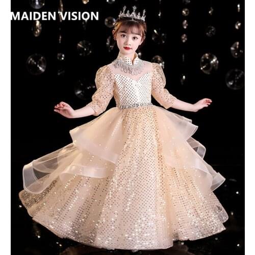 Champagne sequin Teenagers Kids Girls Wedding Long Girl Dress gorgeous Princess Party Pageant Formal Dress Baby Boutique dress