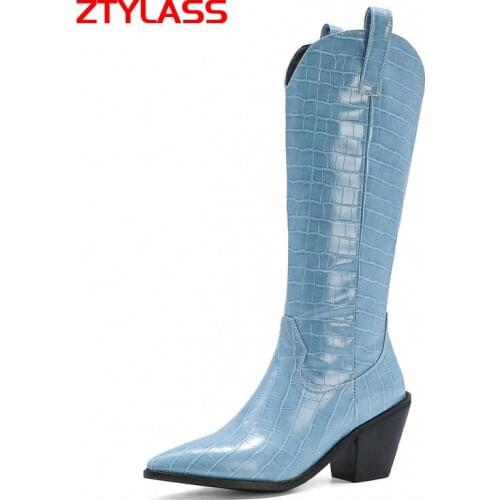 Blue Black Women Boots Fashion Knee High Boots Sqaure High Heel Long Boots Slip On Pointed Toe Western boots Autumn Winter Shoes