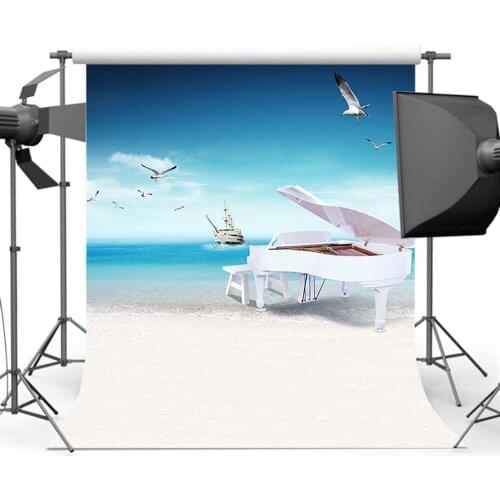 Blue Sky Sea Beach Background Photography Summer Seagull Piano Ship Backdrop for Photo Studio CM-5504