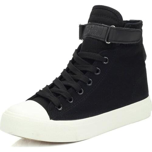 Comfortable Female Casual Shoes Solid Color Black White Canvas Shoes Woman Fashoin High Top Women Sneakers Hook Loop Trainers