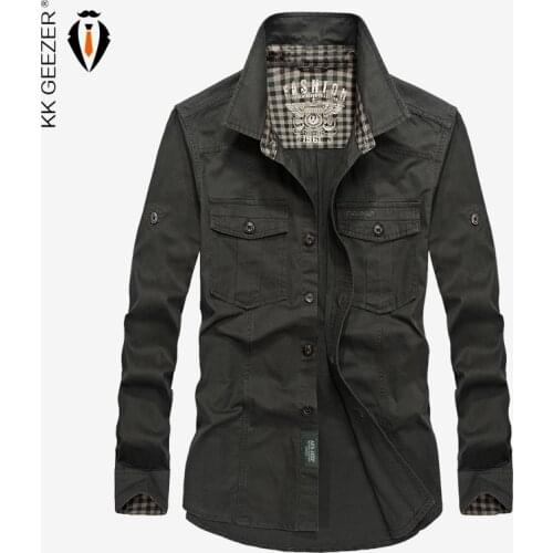 Men Casual Shirts Long Sleeve Autumn Military Cotton High Quality ArmyGreen Brand Business Loose Solid Multi Pocket Dress Shirt