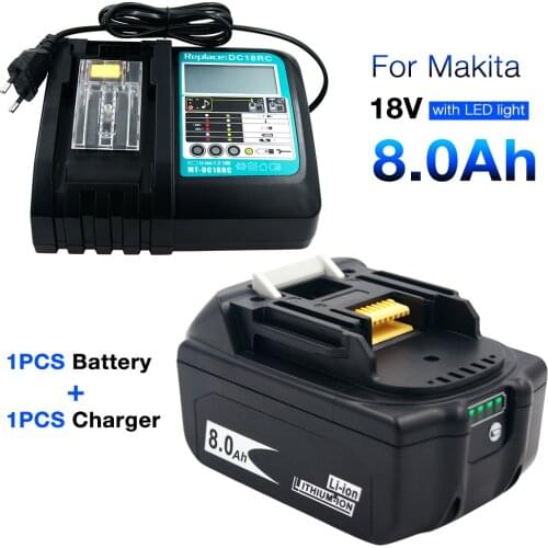 Set of Battery+Charger ) BL1880 8.0Ah Li ion battery for Makita 18v BL1860 BL1850 BL1830 + DC18RC Charger for Makita 14.4V-18V