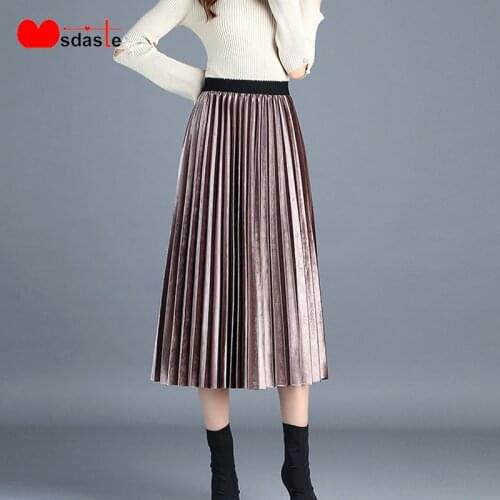 Pleated Skirts Women 2019 Autumn 10 Colors Elegant Stretchy High Waist Saia Casual A-line Velvet Mid-calf Woman Solid Midi Skirt