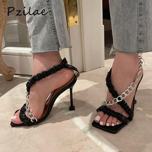Pzilae New Trendy Metal Chain Women Sandals Fashion Pleated High Heels Gladiator Sandals Summer Party Club Shoes Pumps Black 42