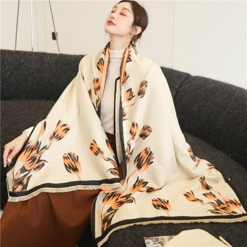 New Soft Floral Winter Cashmere Scarf for Women Elegant Pashmina Lady Shawls Wraps Foulard Thick Warm Neckerchief Blanket Stoles