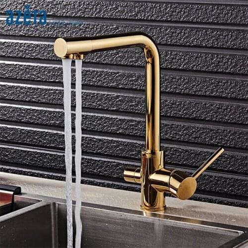AZETA Drinking Water Kitchen Faucet Gold Brass Kitchen Sink Tap 360 Rotate 3 Way Faucet Water Purification Kitchen Mixer AT7208G