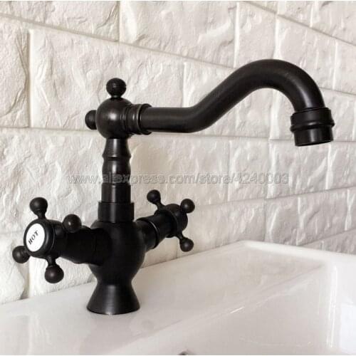 Basin Faucets Brass Balck Bathroom Sink Faucet Dual Handle Deck Mount Bath Washbasin Hot Cold Mixer Water Tap Knf362