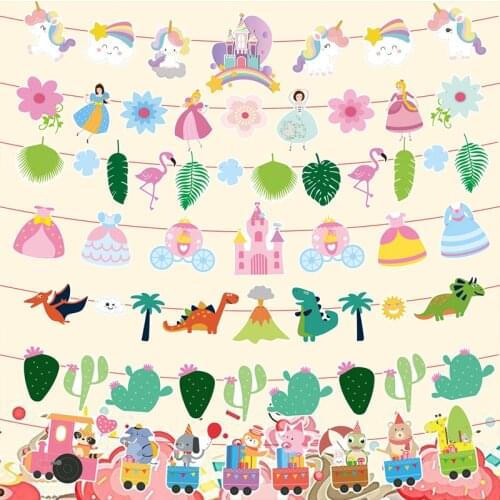 Cute Cartoon Banner 7 Styles Party Theme Flag Hawaii Dinosaur Unicorn Flamingo Princess Animal Parti Decor Kids Favor Garland