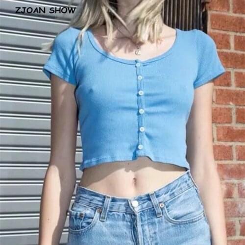 90s Vintage O neck Short Sleeve Tee Base T-shirts 2020 Cool Girl Single-breasted Button Short T-shirt crop top white 4 colors