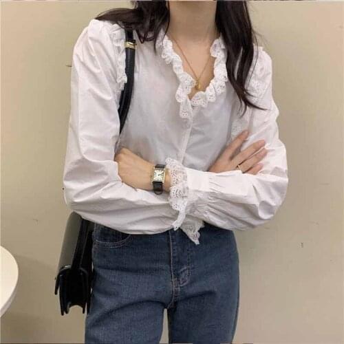 2021 Spring Sweet Lace Stitching Long Sleeve Womens Blouse Korean Style V-Neck Solid Puff Sleeve Shirt Blusas All-match New
