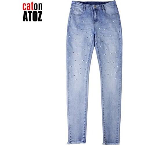 CatonATOZ 2147 High Waist Jeans Ladies Cotton Pearl jeans Denim Pants Stretch Womens Ripped Skinny Jeans For Female