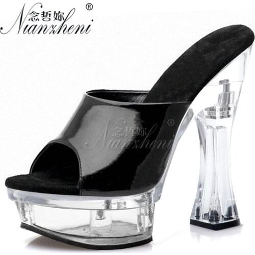 Concise Black Patent leather Crystal Thick platform Spool heels Womens Slippers 14CM Super High heeled shoes 6 inches All match