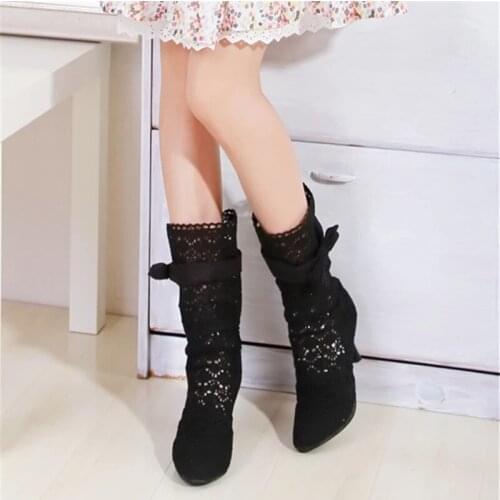 Summer Mid Boot High Heels New Shoes Lace Hollow Crochet Boots XL Hollow Fashion Womens Boots Large Size 34-43 Calzado Mujer