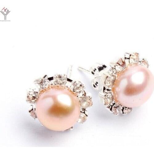 Women Jewelry Earring 7-8mm bright light purple Pearl shining Rhinestone Stud Earring Natural Freshwater pearl