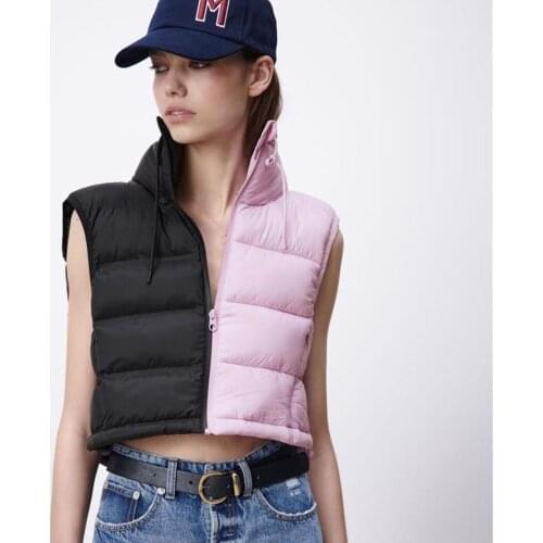 Za 2021 Winter Black Purple Splicing Short Vest Womens Fashion Warm Sleeveless High Neck Zipper Wasitcoats Womens Casual Vest