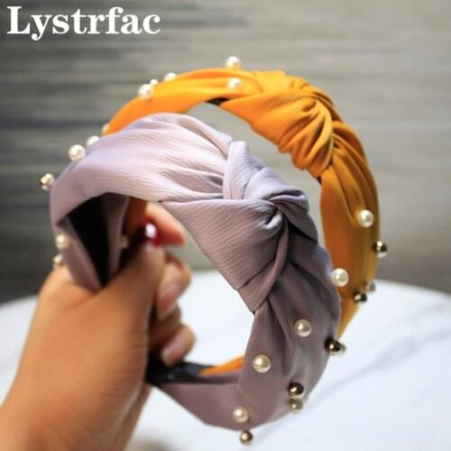Lystrfac New Fashion Knotted Pearl Hairband for Women Headwear Wide-sided Silver Pearl Hair Hoop Female Hair Accessories
