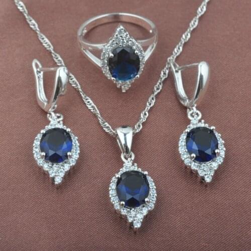 Elegant Blue Zirconia CZ Womens Silver Color Jewelry Sets Necklace Pendant Earrings Ring TZ0514
