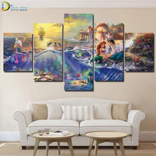 5D Diy Diamond Painting 5 Panel Mermaid Princess And Prince 3D Cross Stitch Diamond Embroidery Mosaic Cartoon Pattern Child Room