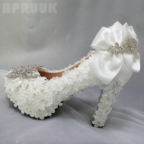White lace pearls bridal wedding shoes bride super high 11CM heeled platforms satin bowknot crystal butterfly bridal shoe