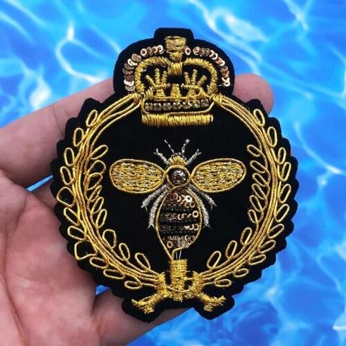 Beaded Sequins Golden Crown Bee Embroidery Medal Fabric Sew on Patch For Jacket Clothes Cap Pants