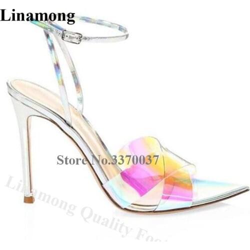 Linamong Shining Mixed-colors Reflective PVC Stiletto Heel Sandals Pointed Open Toe Fluorescent Transparent High Heel Sandals