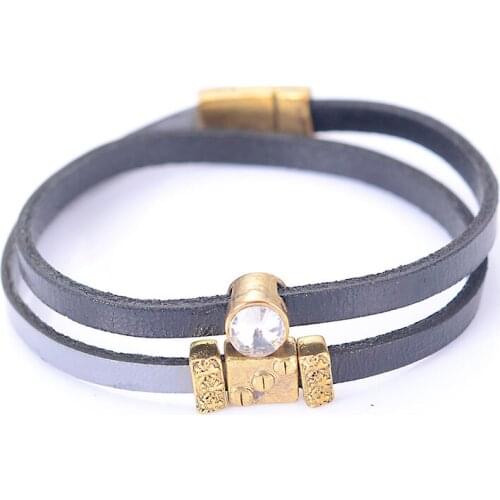 Miasol Gold Color Plated Crystal Slide Charm Genuine Leather Double Wrap Bracelets Wirst Strap For Women Bracelet Jewelry Gift