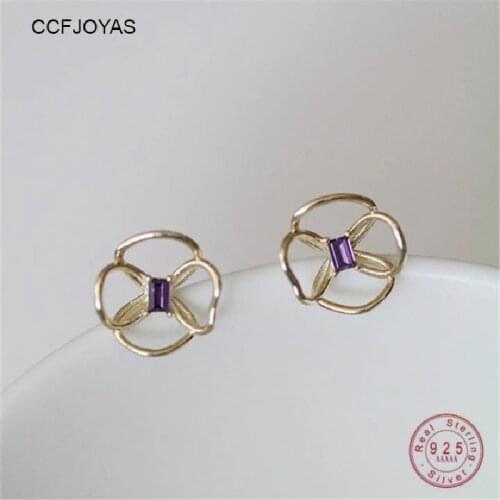 CCFJOYAS 925 Sterling Silver 14k Gold Plating Korean Style Hollow Flower Stud Earrings for Women Purple Zircon Cute Studs 2021