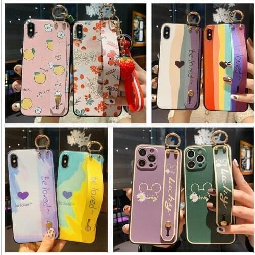 Painted Rainbow Cases For iPhone 11 12 Mini Pro Max 6 6s 7 8 Plus X XS Max XR SE 2020 Flower Phone Holder Soft Wrist Strap Cover