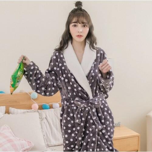 Flannel Thickened Polka Dot Couple Nightgown Women Coral Gown Men Bathrobe Pajamas Bathrobe Lounge Negligee Халат Женский