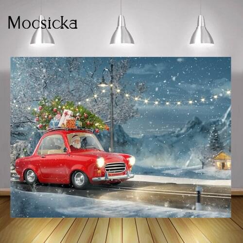 Winter Snow Wonderland Portrait Background Santa Claus Christmas Party Backdrop Decorations Red Car Frozen Scenery Photography