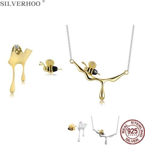 SILVERHOO 925 Sterling Silver Gold Color Bee And Dripping Honey Earrings Necklace For Women Valentines Day Handmade Jewelry Set