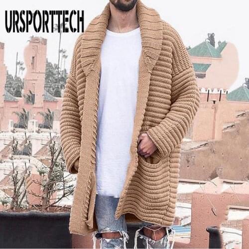 Autumn Winter Mens Cardigan Sweater Coat Knitted Medium Length Long Sleeve Lapel Pocket Solid Thicken Warm Sweater Casual Coats
