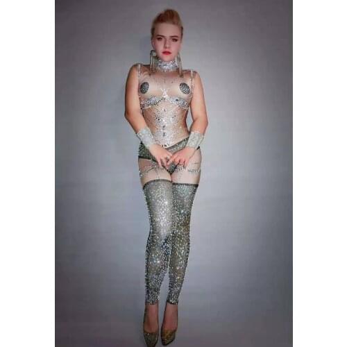 Sexy Tight Fitting Rhinestones Stage Jumpsuits Women Nightclub Bikini Skin Crystals Bodysuit Pole Dance Costumes Performance