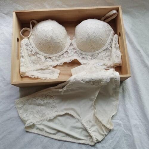 Sexy bralette with underpants suit lace underwear womens thin cotton widened side B cup gathered seamless bra brief set