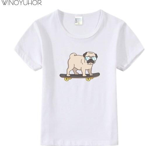 Skateboard Dog Print Tee Shirt Boys Summer Short Sleeve Tops Cotton Cute Cartoon Baby Girls Brand Clothing