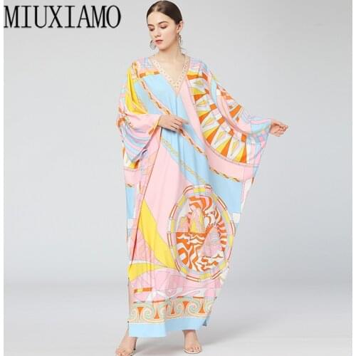 MIUXIMAO 2021 Bohemian Plus Size Dress V-neck Batwing Sleeve Maxi Dress Women Elastic Silk Floor Length New Fashion Kaftan Dress