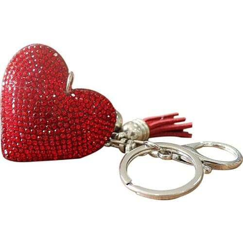 Fashion metal key chain for woman red heart tassel micro flash Crystal glass alloy decorative key chain