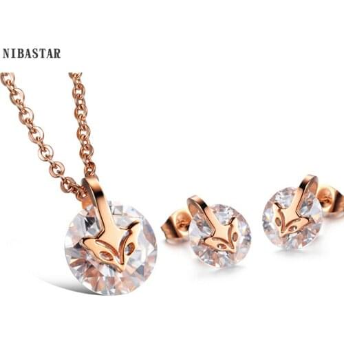 NIBA Crystal Fox Stainless Steel Set Jewelry Cute Animal Natural Inspiration Set Valentine Romantic Gift Wedding Accessories