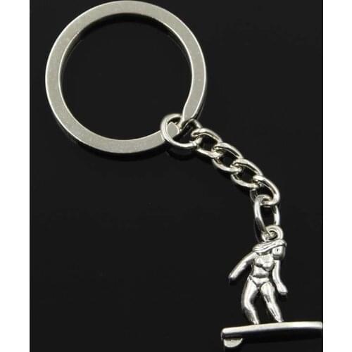 New Fashion Men 30mm Keychain DIY Metal Holder Chain Vintage Lady Female Surfer Surfing 21x18mm Silver Color Pendant Gift