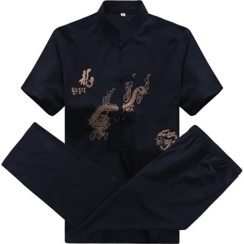 Plus Size 3XL Navy Blue Embroidery Dragon Chinese Men Kung Fu Suit Cotton Wu Shu Uniform Long Sleeve Tai chi Set For Father