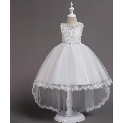 New Girls Party Dress Formal Kids Sleeveless Applique Tulle Dress with Trailing Girls Party Wedding Dress Vestido