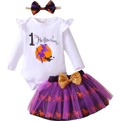 Halloween Newborn Baby Girl Clothes 2021 Long Sleeve Letter Print Romper Bow Tulle Print Skirt Headband Clothings Set For Girls
