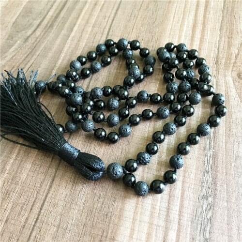 8MM Black Onyx & Lava Stone &Tourmaline Necklace 108 Mala Beads Necklace 3 Black Beads Tassel Necklaces Healing Meditation