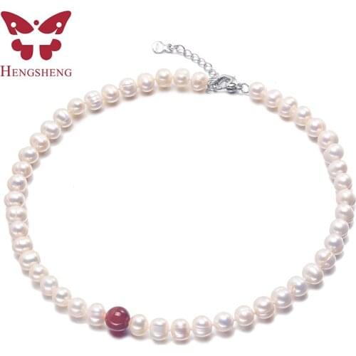 8mm White Freshwater Cultured Baroque Pearl Necklace for Women in 36cm 40cm 45cm 50cm Length with 925 Silver Clasp and Red Agate